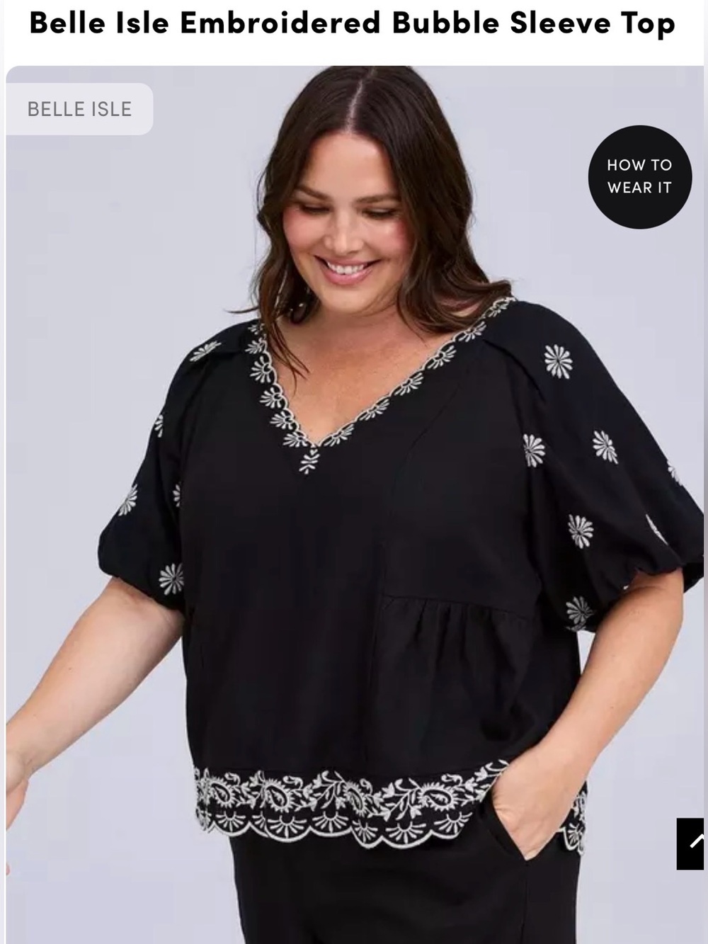 Plus Black Embroidered Bubble Sleeve Top